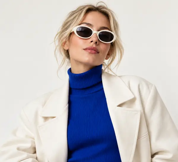 Redaktionelles Porträt einer selbstbewussten blonden Frau ab der Taille aufwärts, mit weißer ovaler Sonnenbrille, leuchtend kobaltblauem Rollkragenpullover und übergroßer elfenbeinfarbener Jacke vor einem schlichten cremeweißen Studiohintergrund.