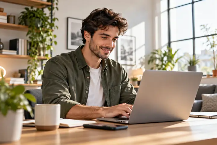Entwickler bei der entspannten Arbeit am Laptop in einem hellen, modernen Arbeitsbereich, freundliches Editorial-Porträt.