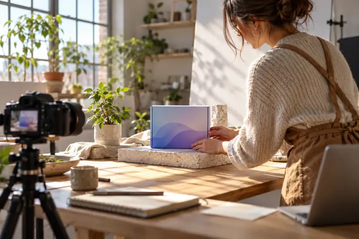 Betreiber eines kleinen Onlineshops, der in einem lichtdurchfluteten Studio Produkte für ein Foto arrangiert, natürliche Editorial-Szene.