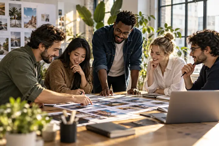 Kreatives Geschäftsteam bei der Zusammenarbeit an einem Tisch in einem hellen, modernen Büro, natürliche Editorial-Fotografie.