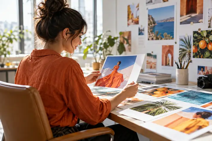 Marketingfachkraft an einem hellen Schreibtisch beim Betrachten farbenfroher Kampagnenbilder, spontane Editorial-Fotografie.
