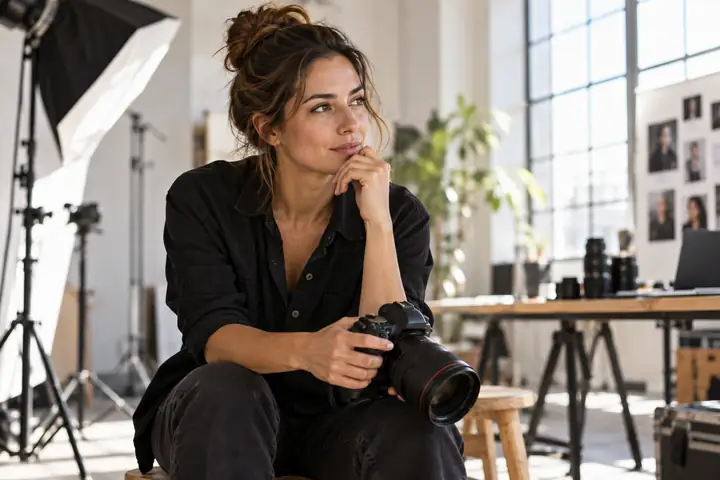 Nachdenklicher professioneller Fotograf mit Kamera in einem hellen, modernen Studio, fotografiert im natürlichen Editorial-Stil.