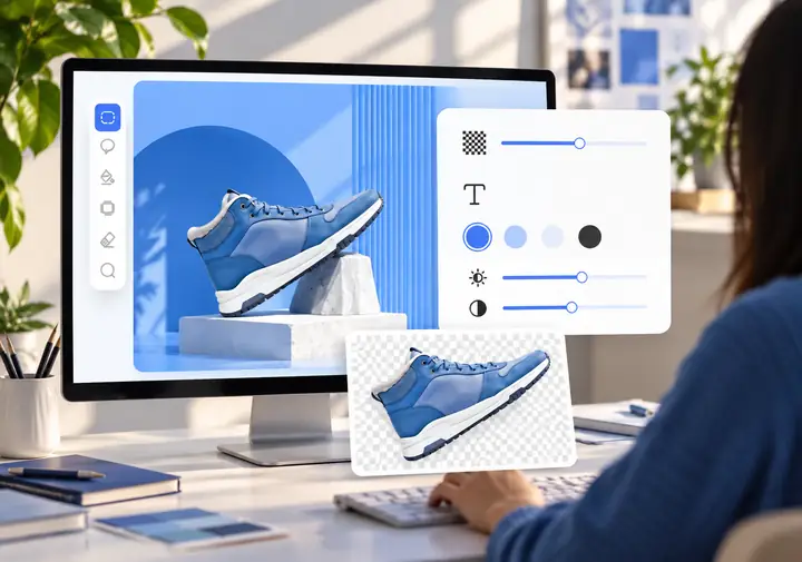 Kreative Bearbeitungsoberfläche mit einem freigestellten blauen Sneaker, der in einer Verkaufsgrafik neben einfachen Bearbeitungswerkzeugen verwendet wird.